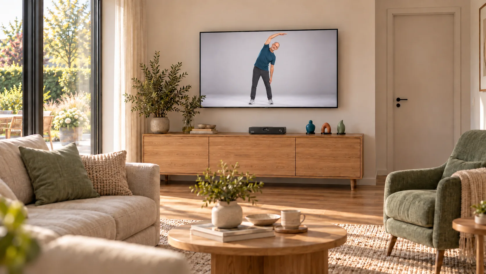 Wohnzimmer mit Fernseher: Eine Frau macht die Dehnübung mit, die der Coach auf dem Bildschirm vormacht, darunter steht Hiptron Home auf dem Sideboard