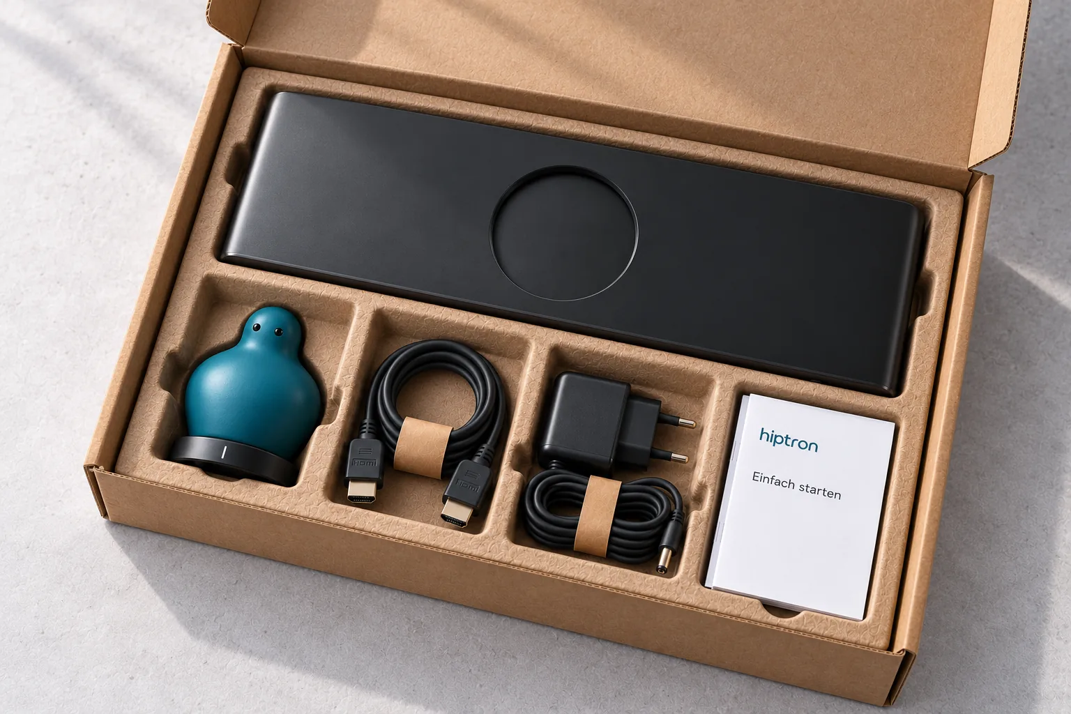 Geöffnete Verpackung: Gerät, blaue Figur, HDMI-Kabel, Netzteil und die Anleitung „Einfach starten“